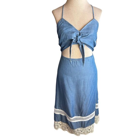 Lovers & Friends Chambray Midi Dress Size Small Tie Front Tencel Cutout Waist - Picture 1 of 11